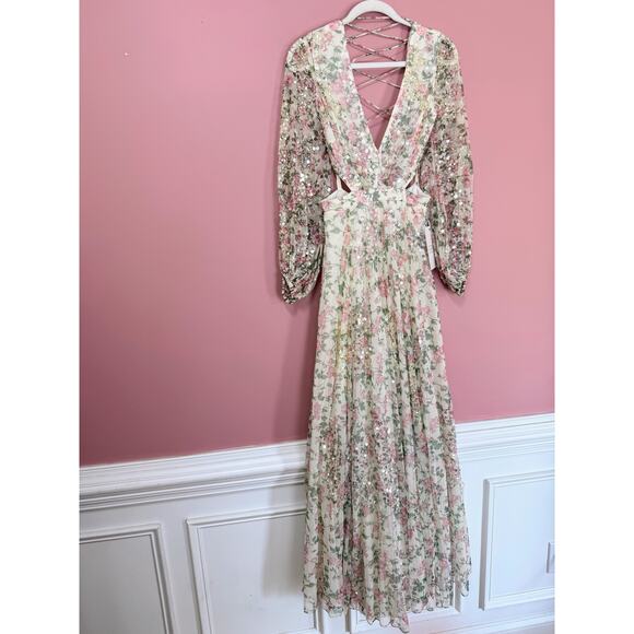 NEW NWT Mac Duggal Floral Sequined Cut Out Lace Up Gown A93746 Size 4 - Picture 5 of 15